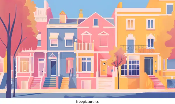 Colorful Row Houses Illustration with Trees
