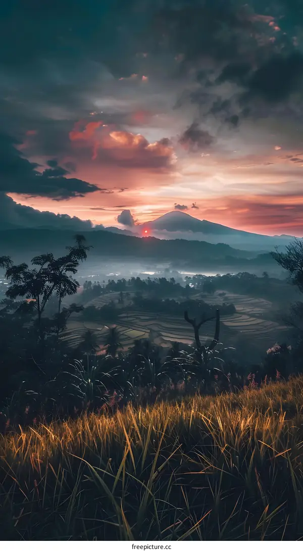 Sunrise over Mountains with Grass in Foreground