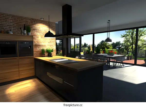 Modern Kitchen Interior Design With Brick Wall And Island