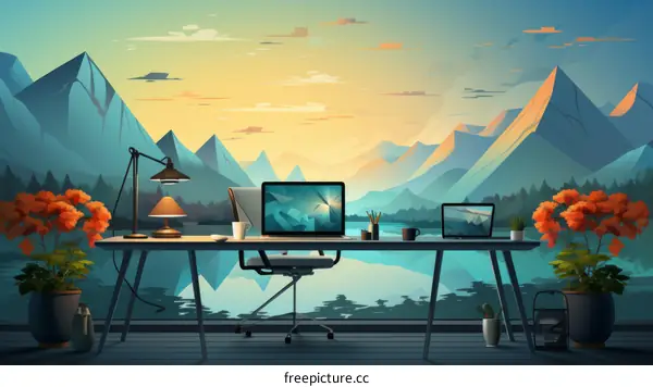 Desk setup with a view of the mountains