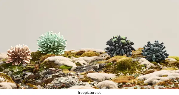 Abstract Artistic Still Life of Green and Brown Plants in Mossy Ground