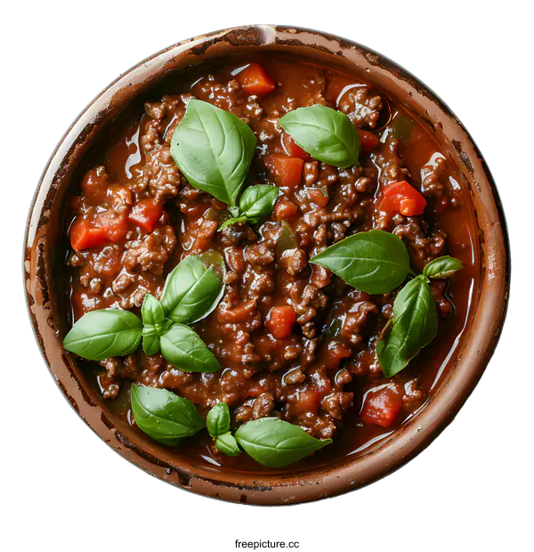 [Transparent Background PNG]A delicious bowl of Bolognese sauce with basil