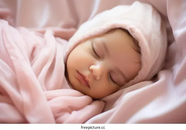 An adorable baby girl sleeping soundly wrapped in a pink blanket