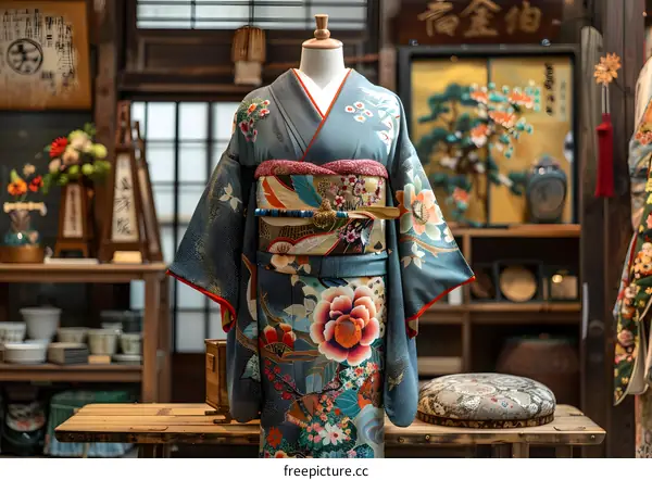 A kimono displayed in a traditional Japanese room