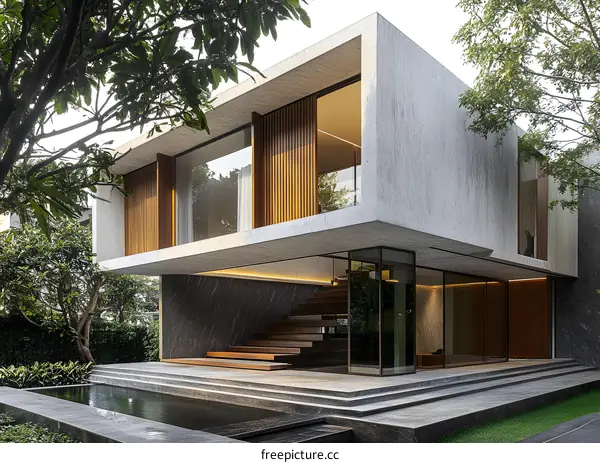 Modern Concrete House with Wooden Accents and Pool