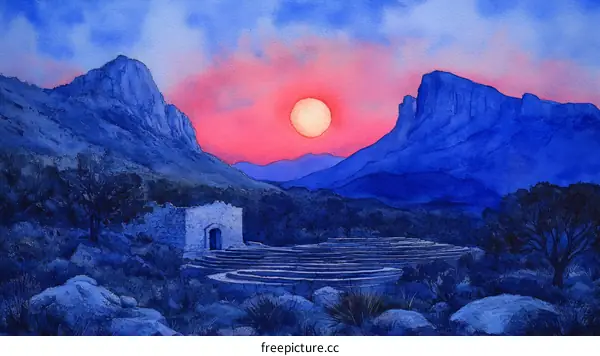 Sunset Over the Mountains Watercolor Painting
