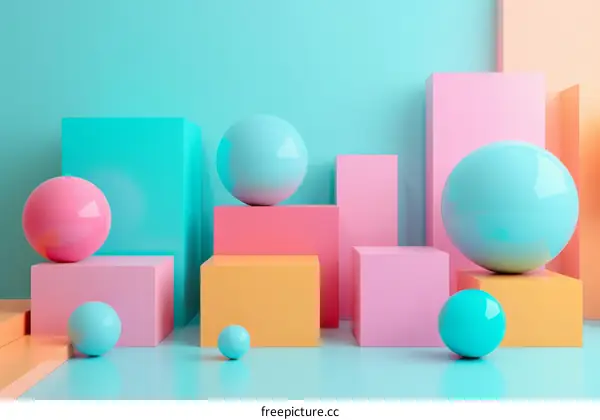 Abstract 3D Pastel Geometric Shapes With Podiums and Spheres