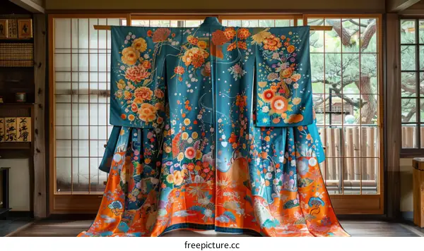 A kimono with a floral pattern and a blue background