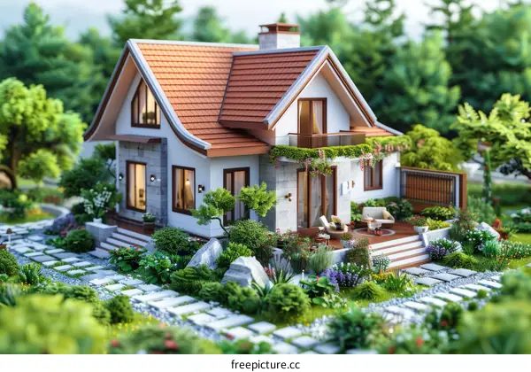 3D rendering of a beautiful house with a garden
