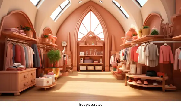 A 3D rendering of a boutique with pink walls and arched windows