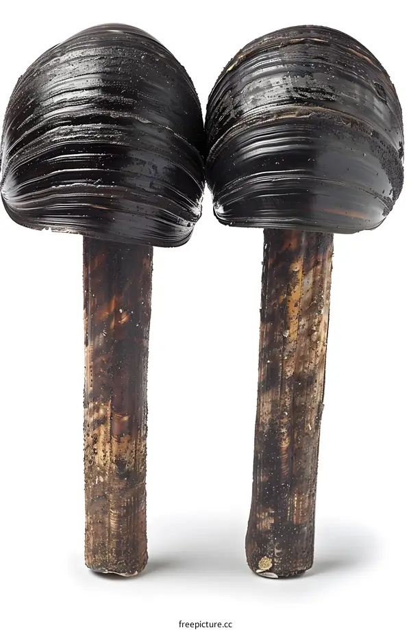 A pair of wooden mushroom-shaped objects with a black glossy surface