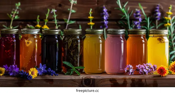 Vibrant Infused Honey Assortment in Glass Jars with Blooming Flowers
