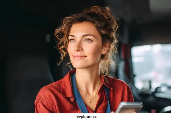 Caucasian Woman Working in a Truck or Van
