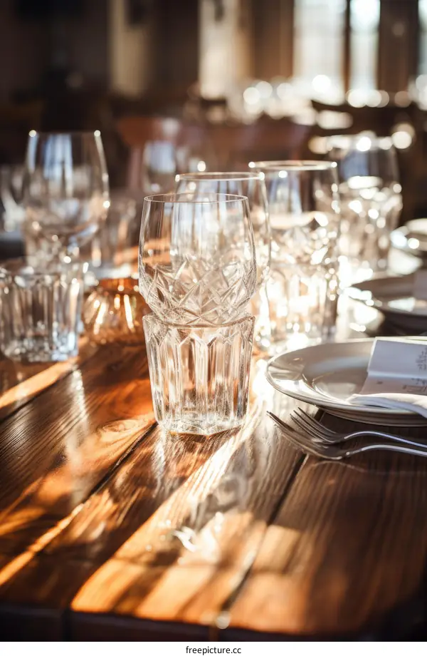 Crystal glassware on a wooden table set for a wedding reception