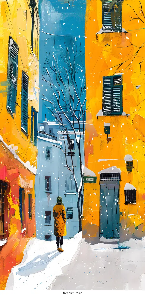 Snowy alley with a person in a yellow coat