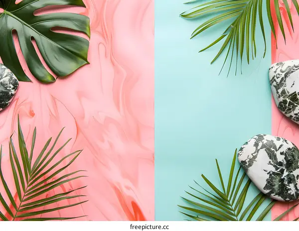 Tropical Summer Background with Palm Leaves and Marble Stones
