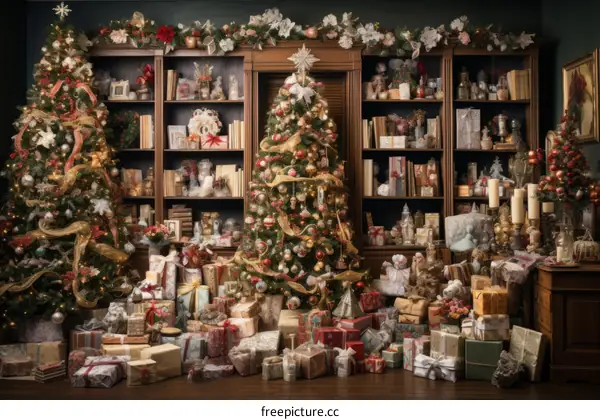 A beautiful decorated room with a Christmas tree and many presents