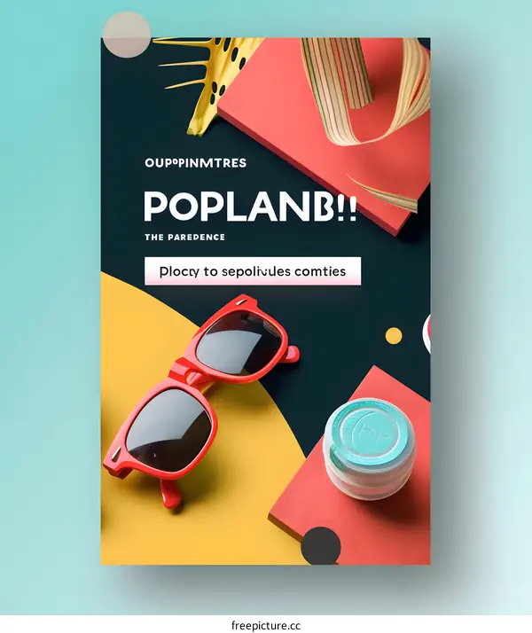 Red Sunglasses On Yellow Background With Blue Container