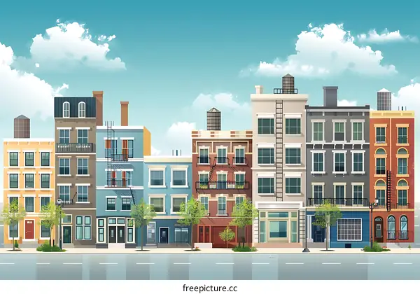Colorful Cityscape Illustration With Row of Townhouses