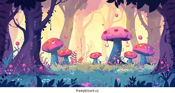 Fantasy Forest With Bright Pink And Red Mushrooms