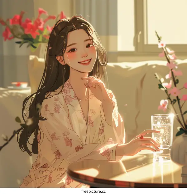 An Asian woman is sitting at a table and smiling at the camera.