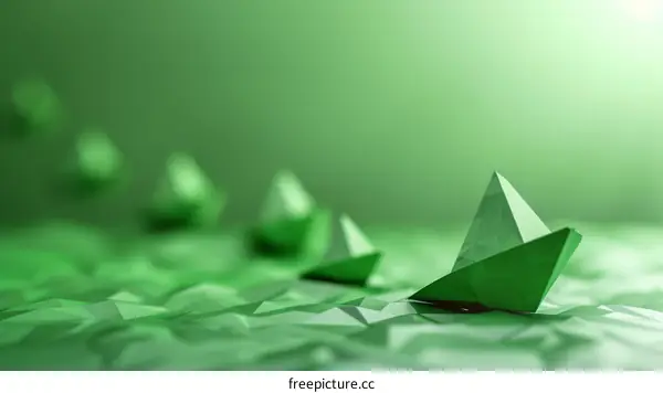 Green Paper Boats Floating on Polygonal Water