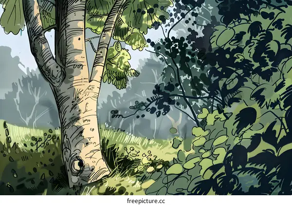 Hand Drawn Illustration of a Tree in a Forest