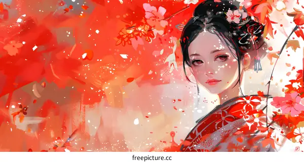 Japanese Woman in Red Kimono with Cherry Blossom Flowers