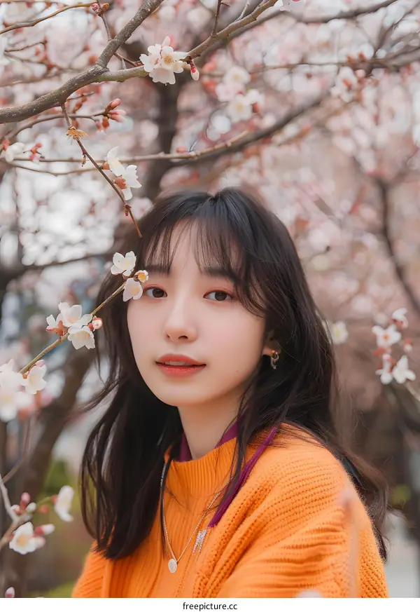 Young Asian Woman in a Beautiful Spring Day Posing Near Blooming Tree