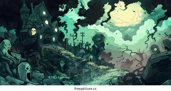 Spooky Green Illustration Of A Haunted House