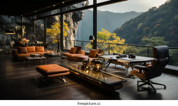 Modern office interior with large glass windows and a view of the mountains