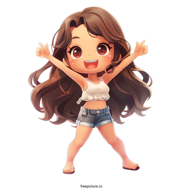 [Transparent Background PNG]cute chibi girl with long brown hair wearing a white crop top and blue jean shorts
