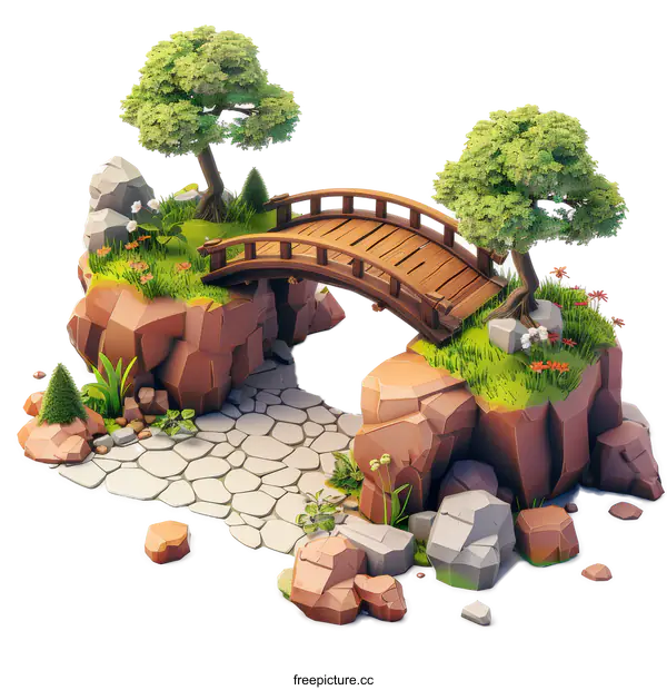 [Transparent Background PNG]isometric illustration of a bridge between rocky islands