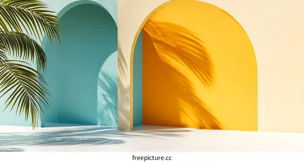 Minimalist Summer Background with Archways and Palm Tree Shadow