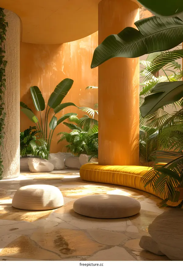 Tropical Minimalist Interior Design with Curved Sofa and Palm Trees