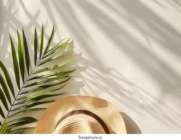 Palm Leaf and Straw Hat with Shadow on White Background