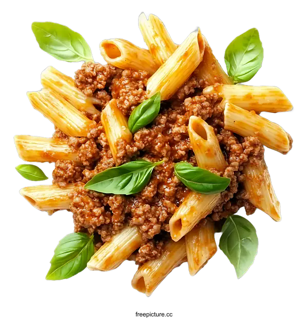 [Transparent Background PNG]Delicious Pasta with Meat Sauce and Basil