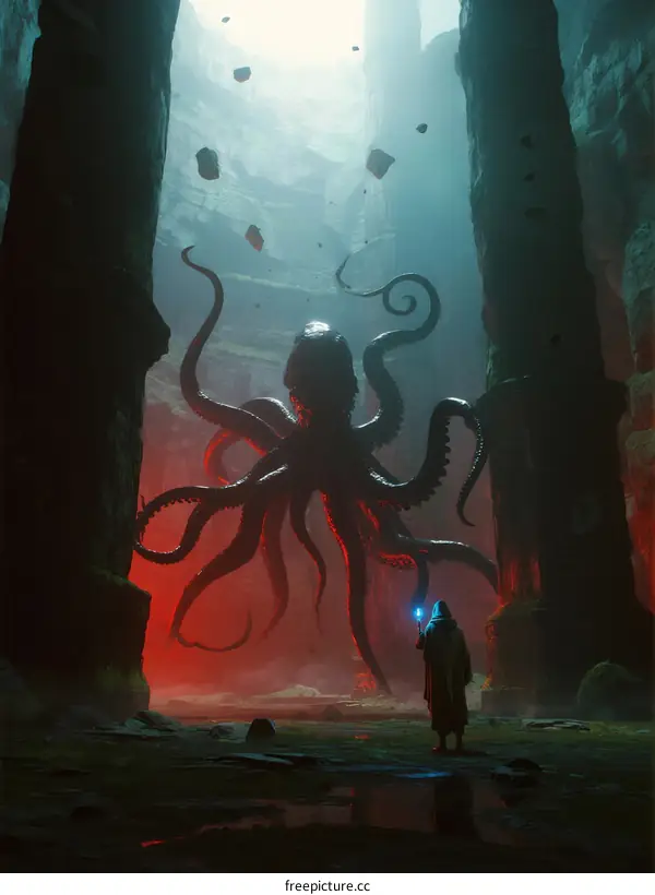 Giant Octopus in Mysterious Ancient Temple with Human Figure