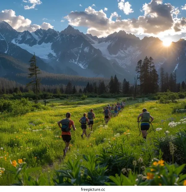 A group of trail runners traverse a beautiful mountain meadow at sunset