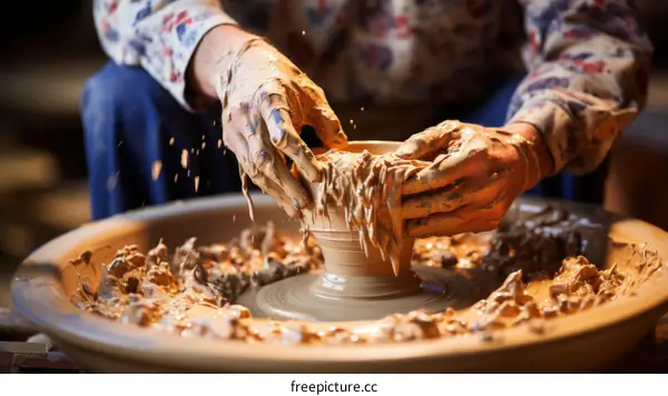 A potter shapes a clay pot on a pottery wheel