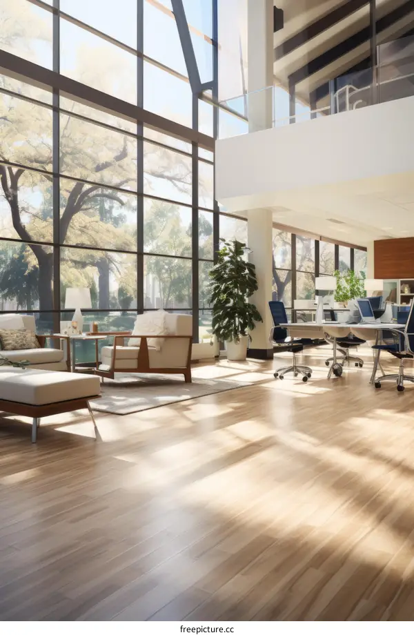 Modern office interior with large windows and wooden floor