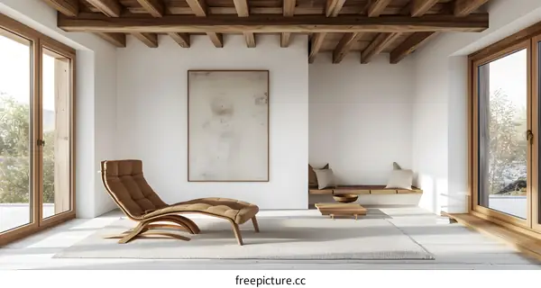 Minimalist Living Room With Wooden Beams And Large Window