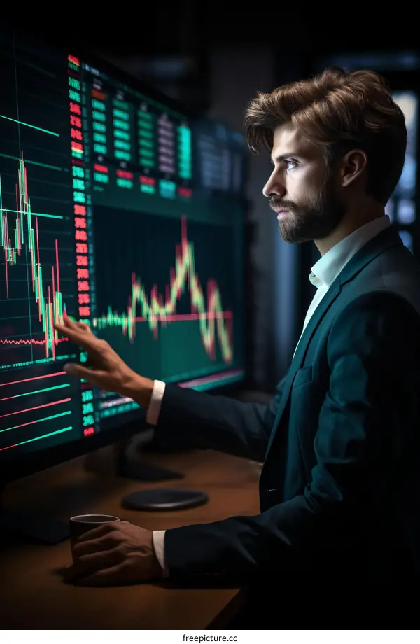 Male stock trader analyzing financial data on multiple computer monitors in a dark room