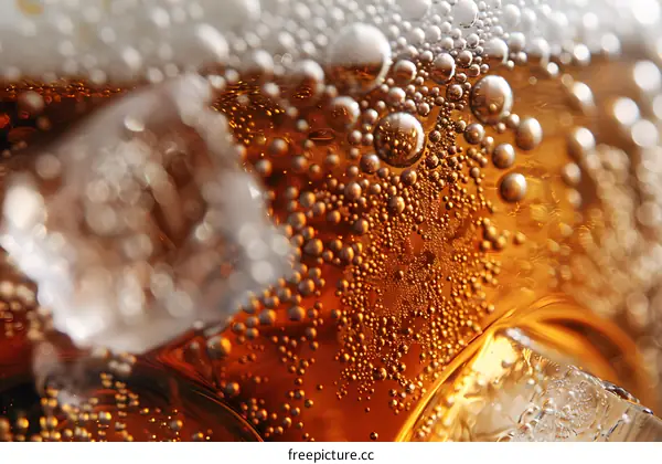 Close Up of Bubbles in a Glass of Soda With Ice Cubes