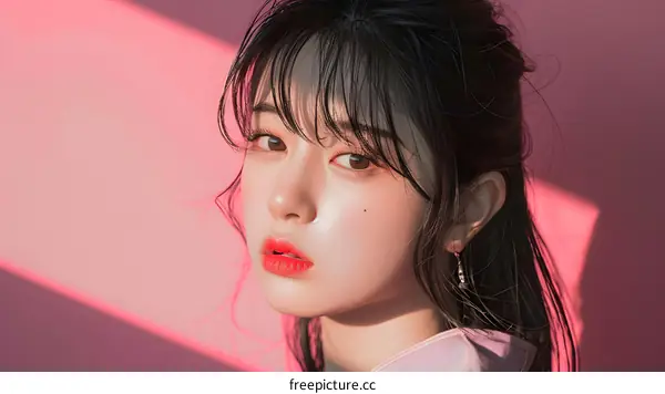 Close Up Portrait of Asian Woman with Long Black Hair and Pink Background