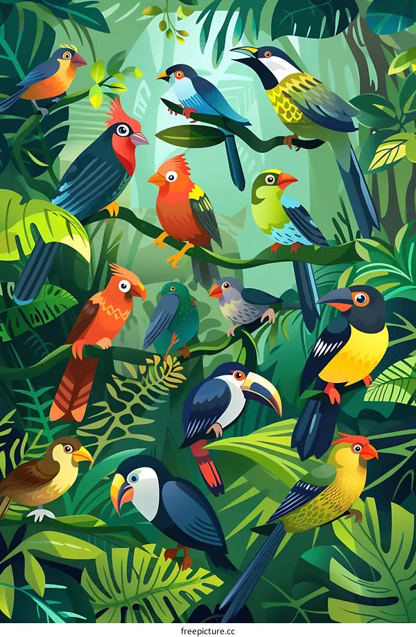 Tropical Birds In Lush Green Jungle Illustration