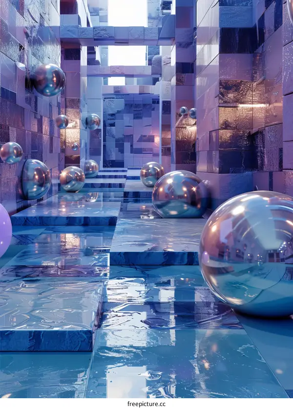 Surreal Purple Hallway with Floating Spheres