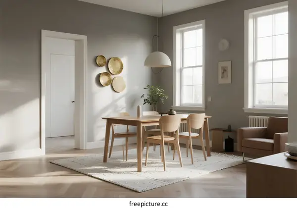 Modern light - filled dining room with wooden furniture and decorative elements