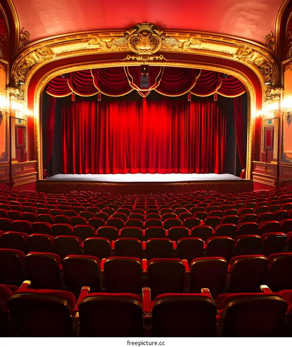Empty Theater Seats Facing Stage with Red Curtains