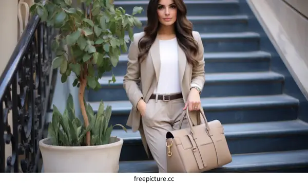 Middle Eastern woman in business attire standing on stairs